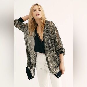 FREE PEOPLE SHEER SNAKESKIN PRINT SNAP FRONT LONGLINE BOMBER JACKET